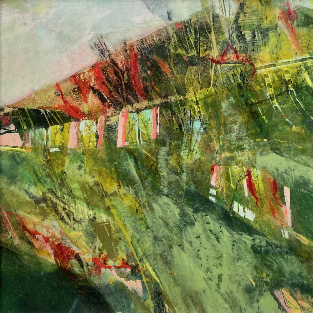 Semi abstract mixed media landscape painting by Joanne Olney 