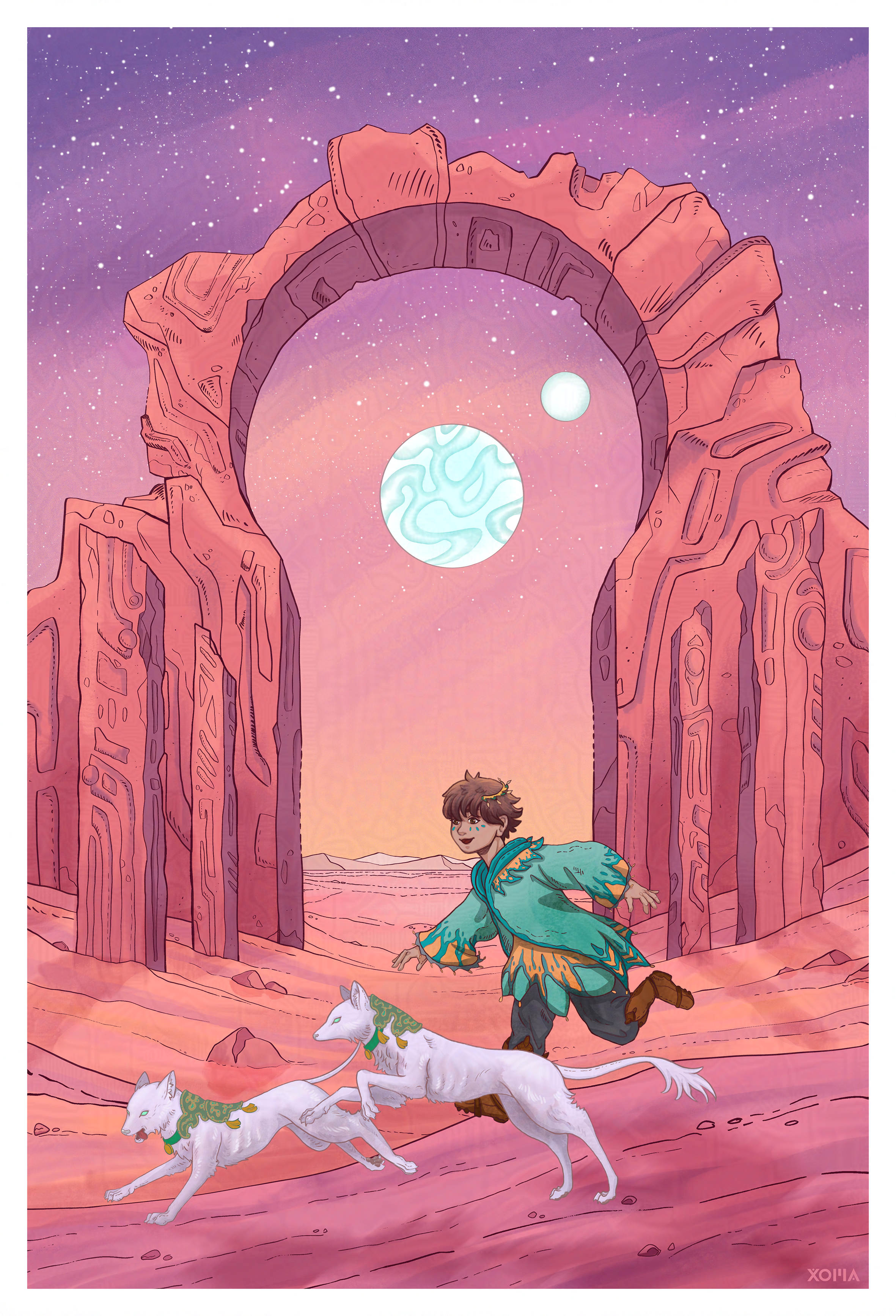 A digital illustration showing a young girl dressed in a playful blue, green and orange outfit and her two white, foxlike pets, running down a sandy hill. In the background is a archway in ruin. The sun is setting and starts are visible.