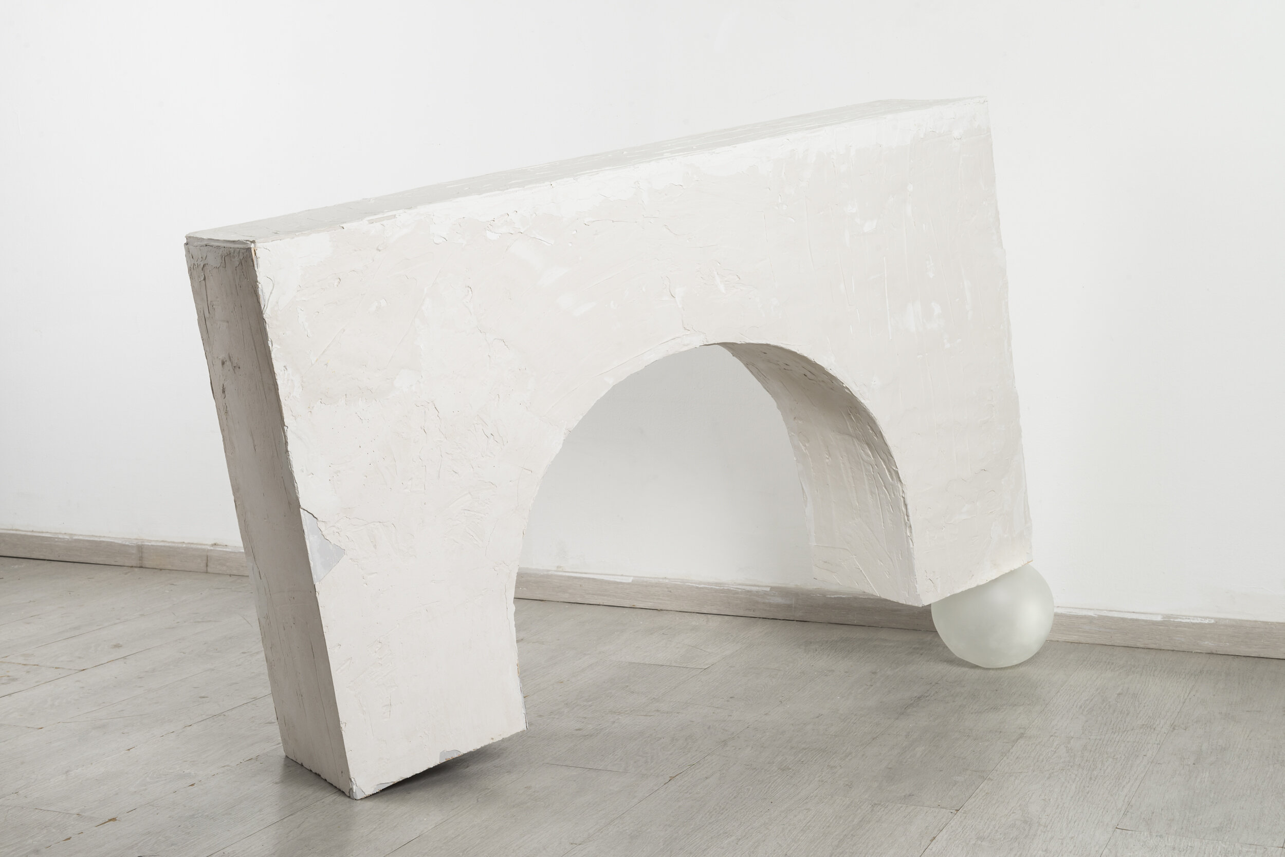 Balance games, installation - plaster, wood and glass, 120x94x25, 2019. Photo credit: Doron Oved