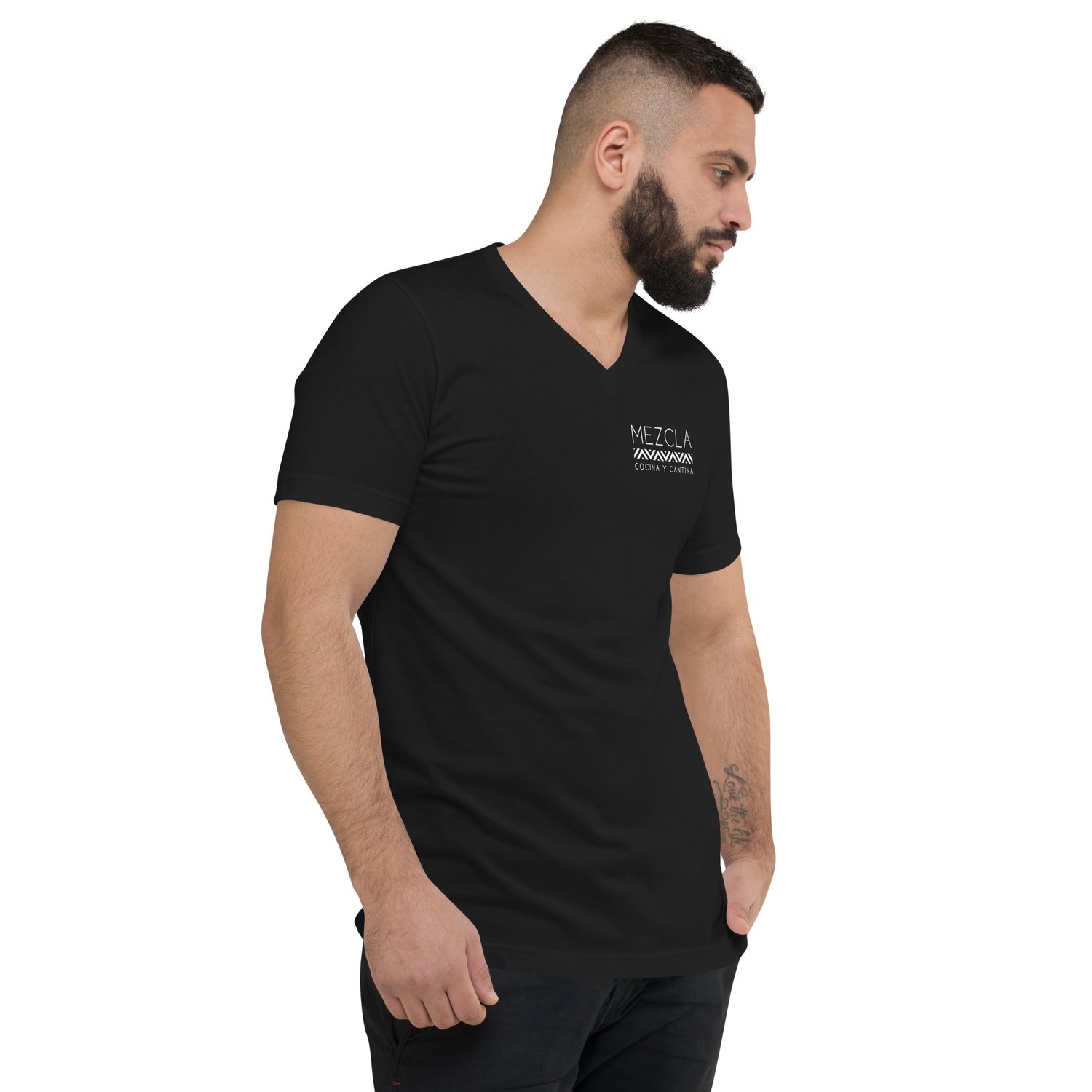 — Unisex Y Mezcla Sleeve Short Logo V-Neck Mezcla T-Shirt Cantina Cocina
