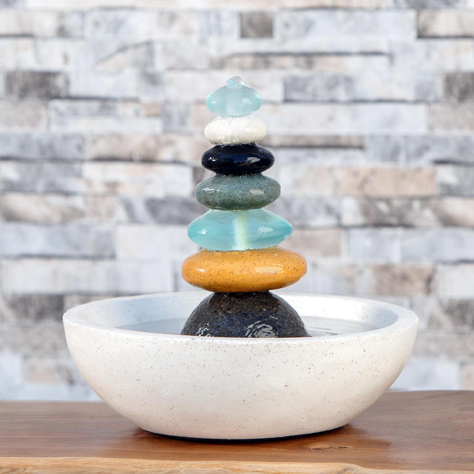 Natural Septuple Rock Cairn Water Fountain With Glass