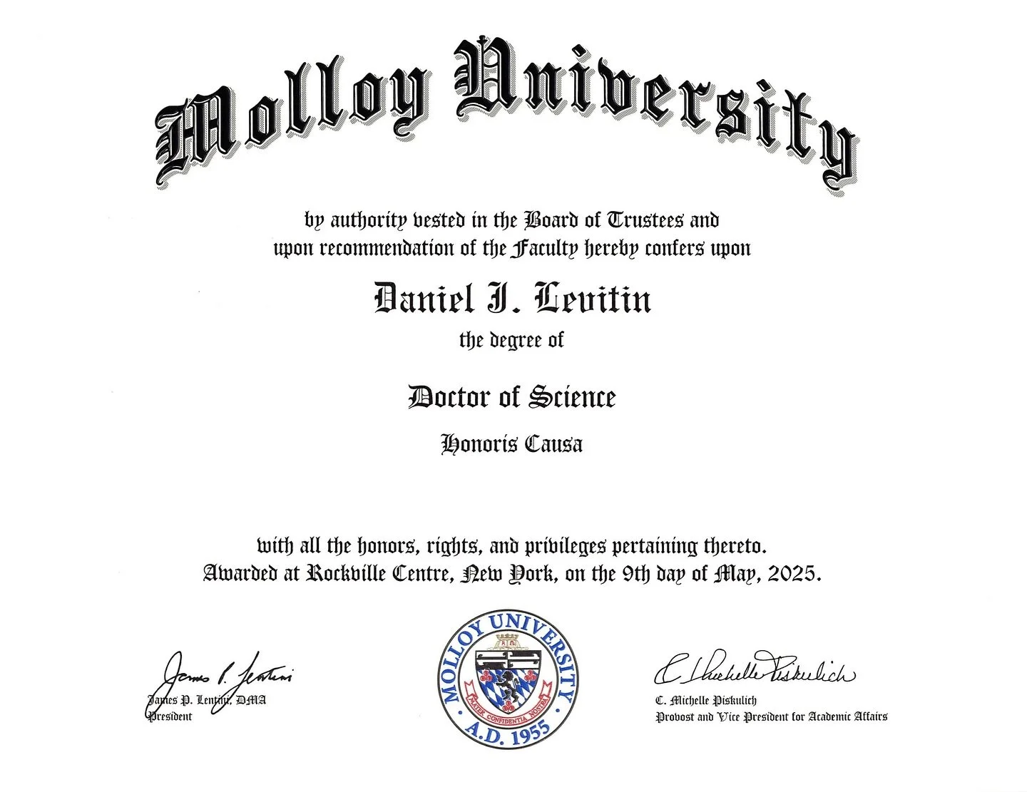 What a thrill to receive an honorary Doctorate in Science from @molloy_u and President (and great fellow guitarist) @prezlentini and to visit with their stellar music therapy program. #musictherapy @molloyartsandsciences #neuroscience #linkinbio