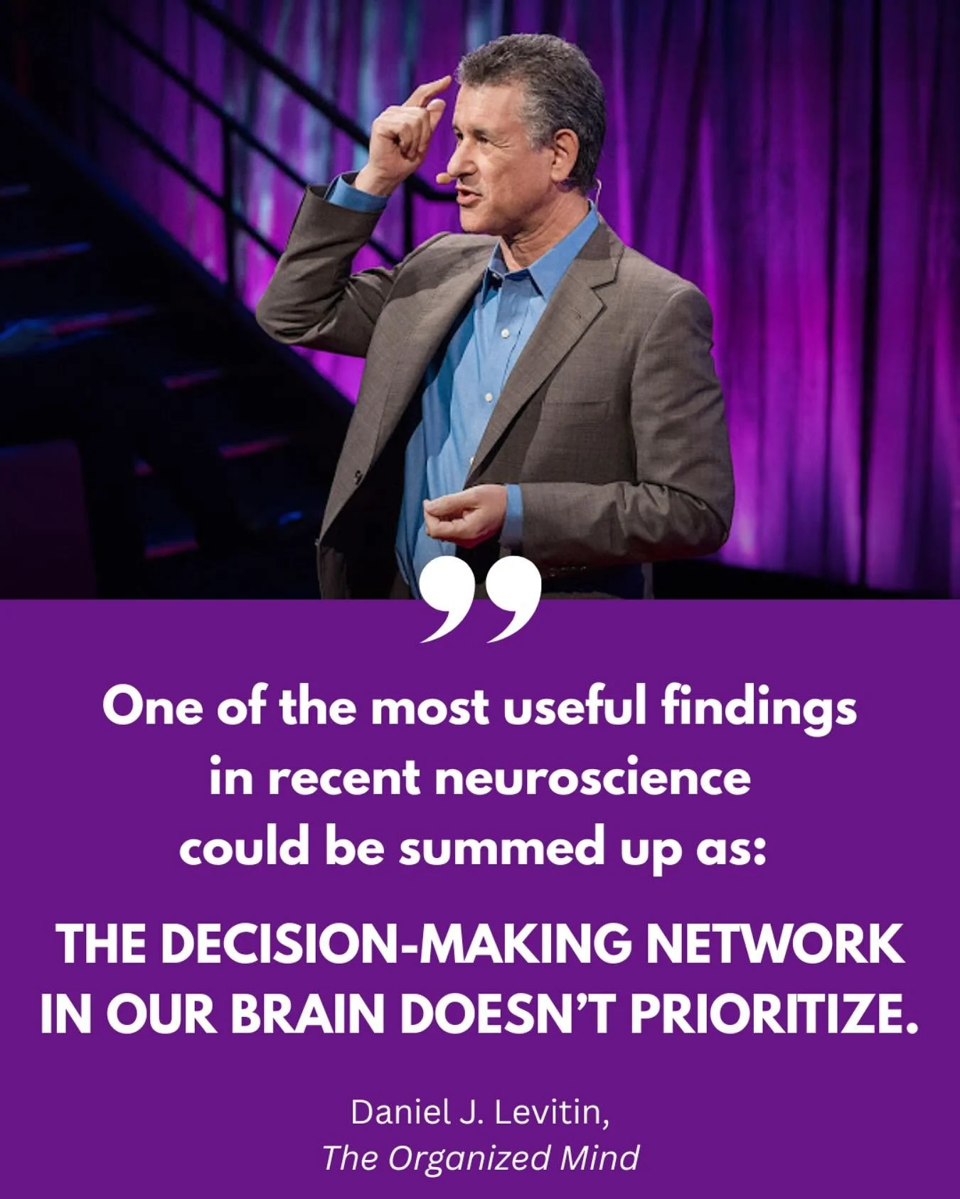 Pro-tip: Make big decisions early in the day. Why? Because our brains are configured to make A CERTAIN NUMBER OF DECISIONS PER DAY, and once we reach that limit, we can&rsquo;t make any more, REGARDLESS OF HOW IMPORTANT THEY ARE. #TheOrganizedMind #p