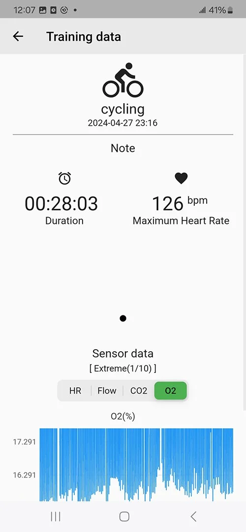 Mobile screen showing cycling training data including duration of 28 minutes and 3 seconds, maximum heart rate of 126 bpm, sensor data with oxygen level at 2%, and a blue graph of O2 levels.
