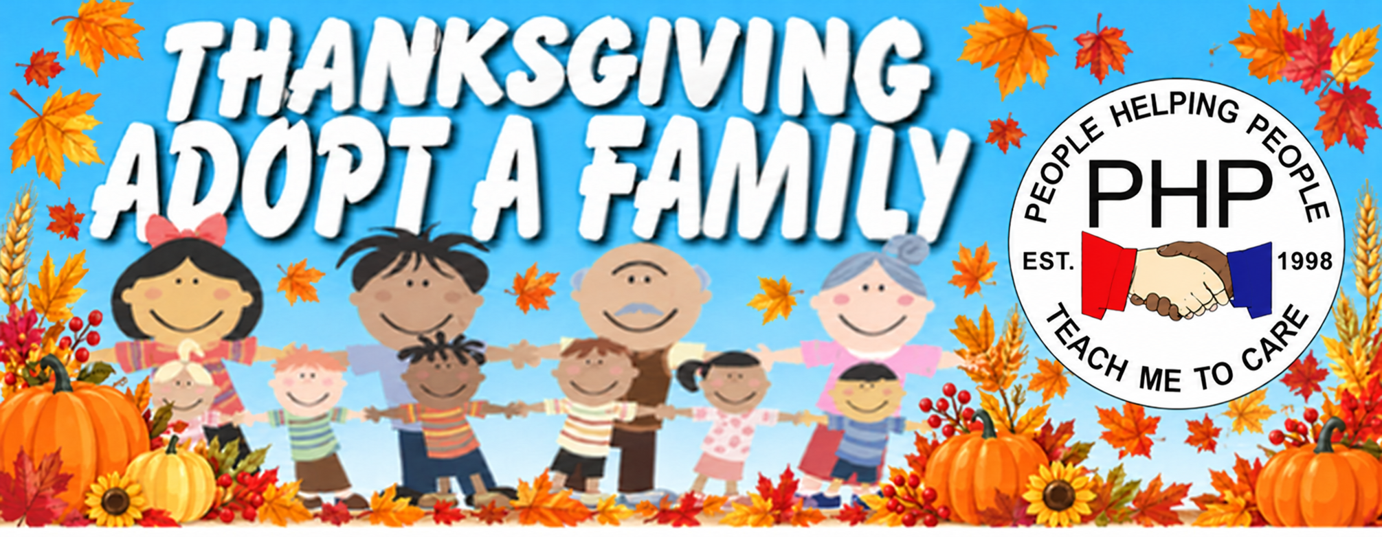 Thanksgiving "Adopt a Family" charity banner with diverse cartoon families, autumn leaves, pumpkins, and PHP People Helping People logo.