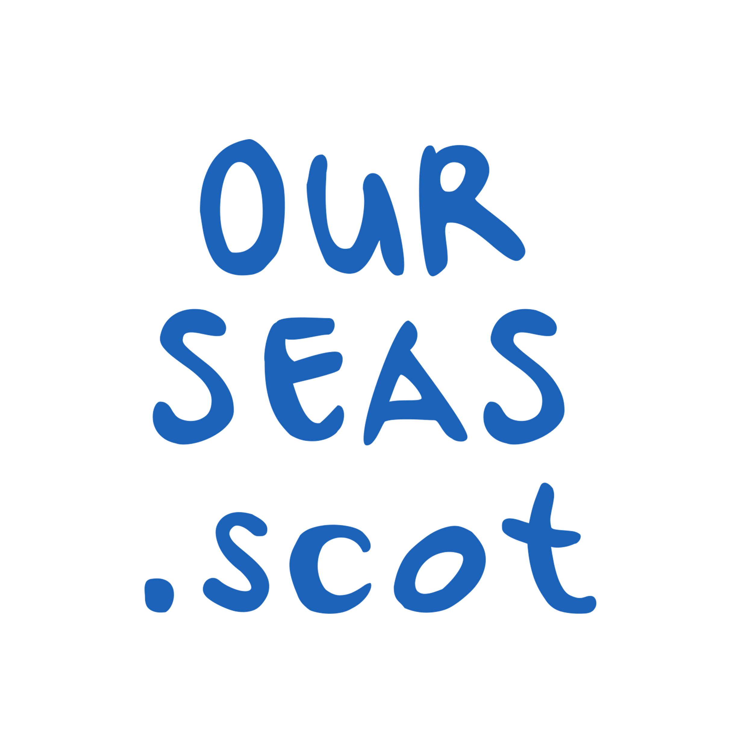 Text in blue handwriting reads 'Our Seas .scot' on a black background.