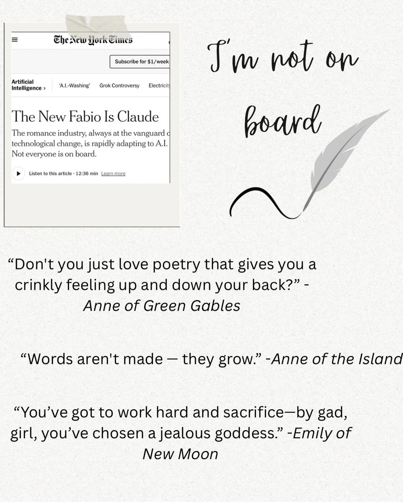 AI isn&rsquo;t art. People may be using it to cheat the system and make money, but they aren&rsquo;t creating from the human experience, and what they put out will never feed the jealous goddess. 

I don&rsquo;t use AI for writing or editing, and I w