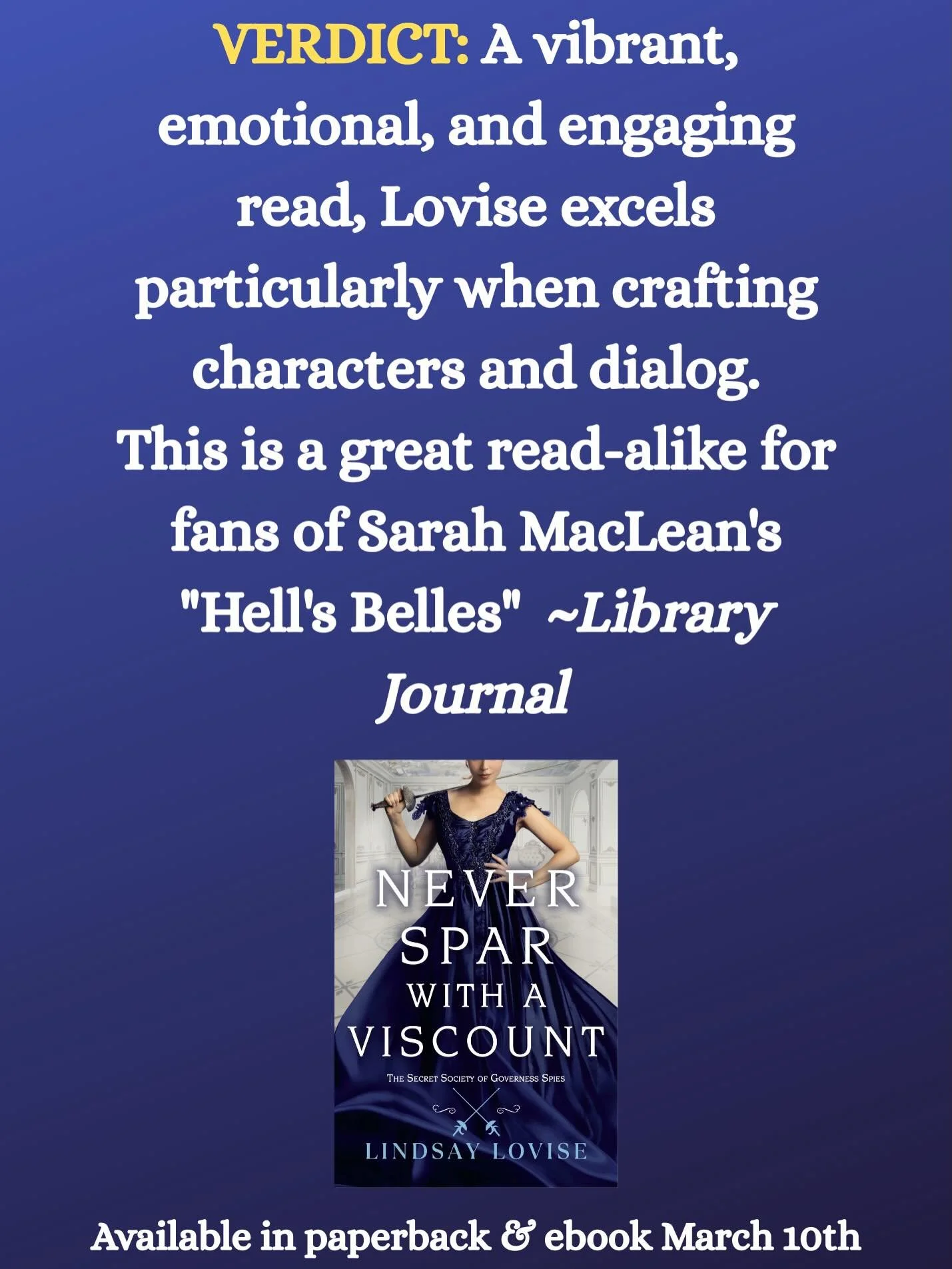 I&rsquo;m so honored that Library Journal gave NEVER SPAR WITH A VISCOUNT such a lovely review!! It&rsquo;s extra nice to read such an enthusiastic verdict for the last book in the series. Thanks, LJ!!

Never Spar with a Viscount is on sale March 10t