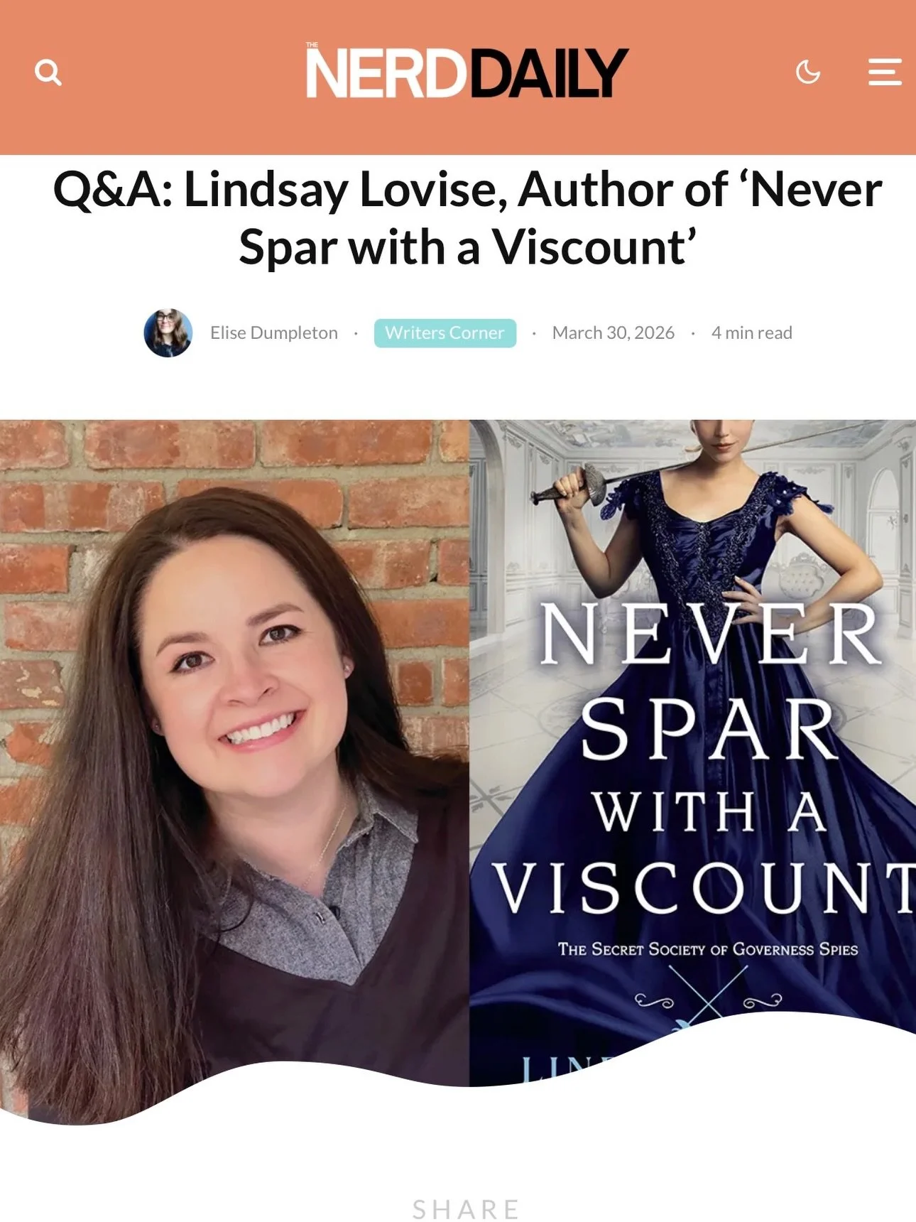Thanks so much for interviewing me about NEVER SPAR WITH A VISCOUNT, @thenerdaily! Want to read what I&rsquo;ve learned over the course of publishing 5 books? Head over to the full interview using the link in my stories 💕💕