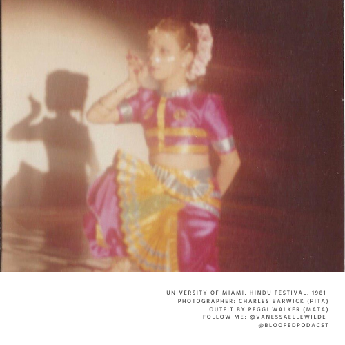 A young girl dressed in vibrant traditional Indian attire, performing a dance at the 1981 University of Miami Hindu Festival.