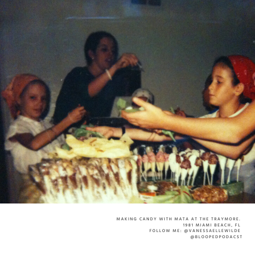 Children and an adult making candy with chocolate and fruit at a birthday party table in 1981 Miami Beach, FL.