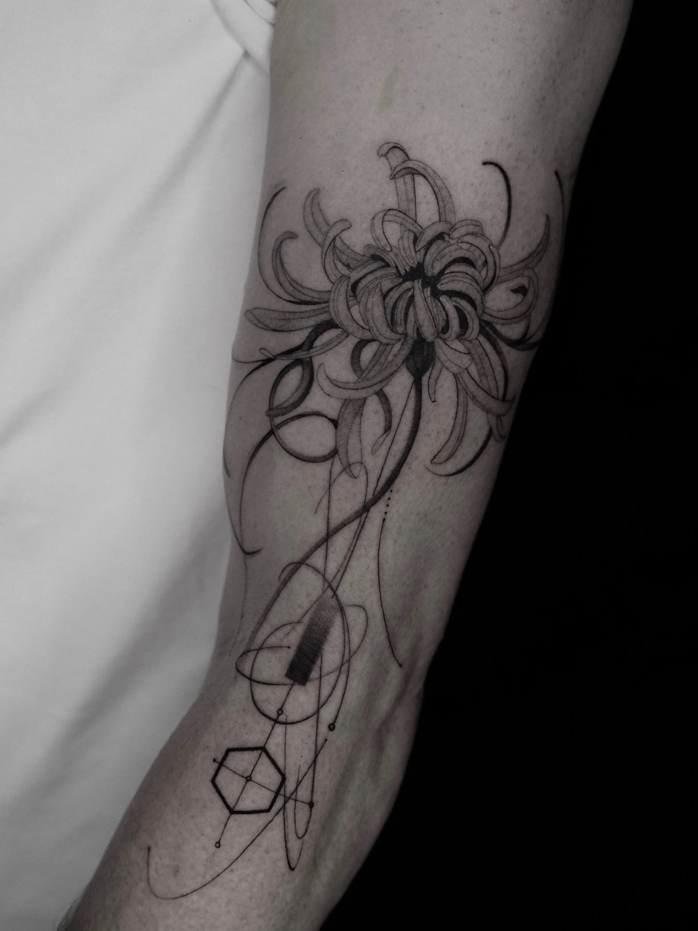 Chrysantheme trifft Geometrie.
Feine Linien. Flie&szlig;ende Bewegung. Pr&auml;zision bis ins Detail.

Dieses Piece verbindet organische Dynamik mit minimalistischer Struktur &ndash; ein Motiv &uuml;ber Balance zwischen Chaos und Ordnung.

📍 M&uuml;