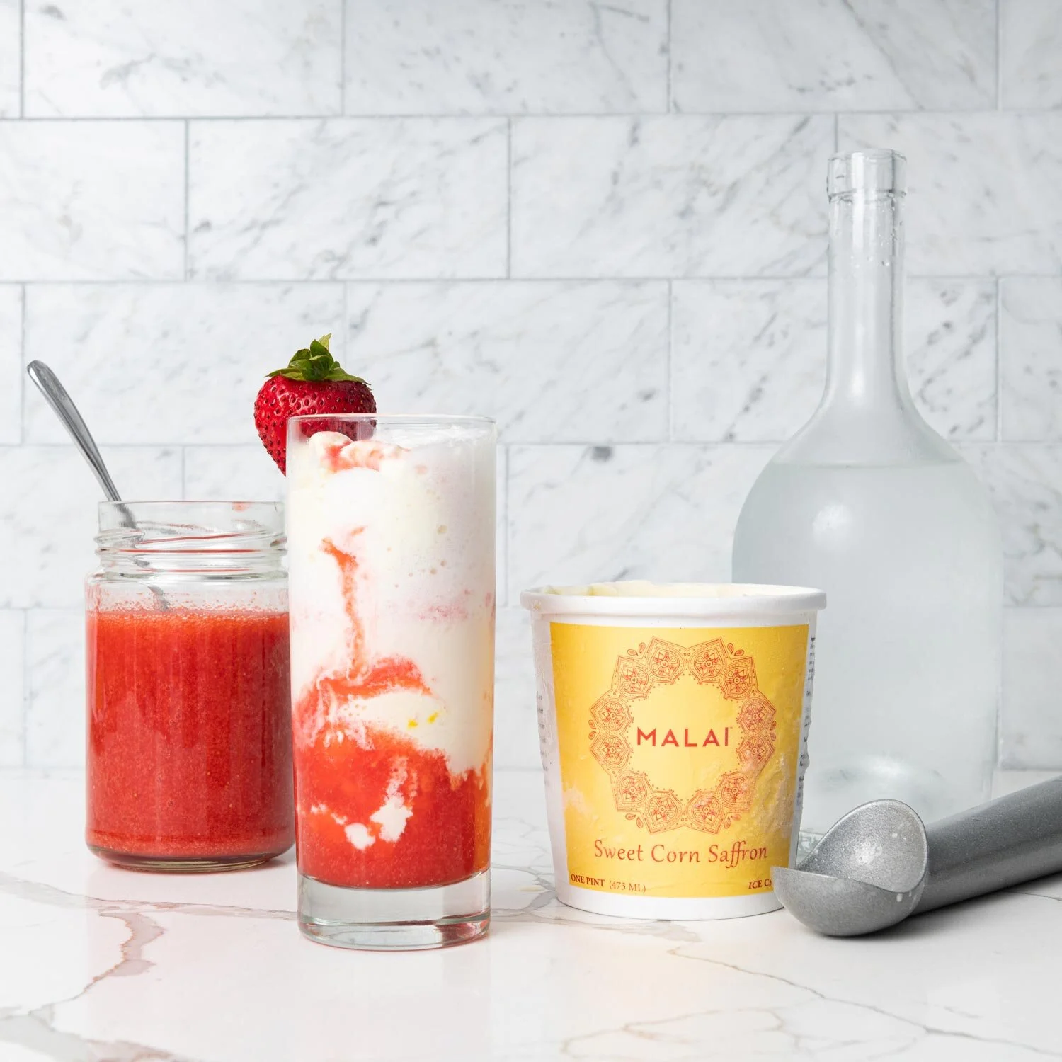 Sweet Corn Saffron Ice Cream Float with Strawberry Rose Syrup