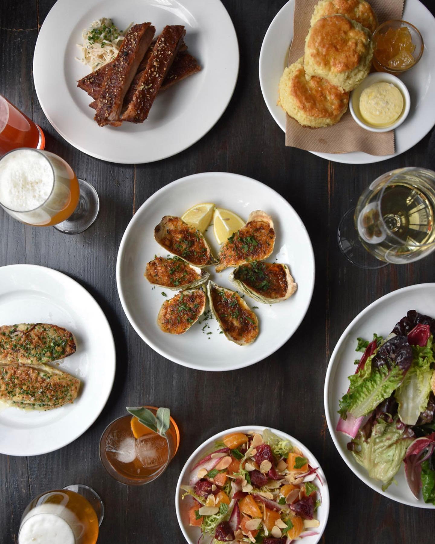 Overhead view of plates of food at Harper's Restaurant in Dobb's Ferry
