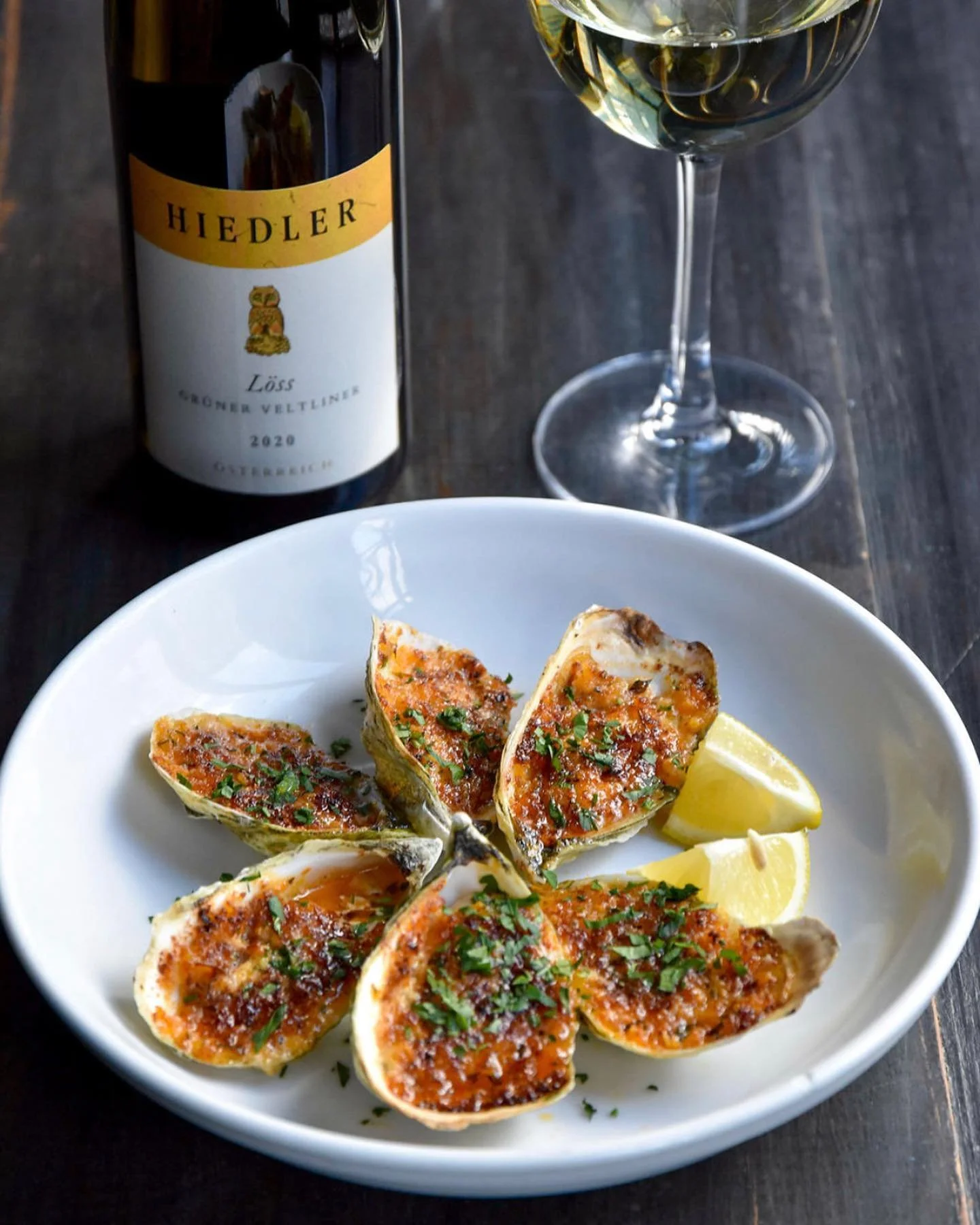 baked oysters and white wine at Harper's in Dobb's Ferry