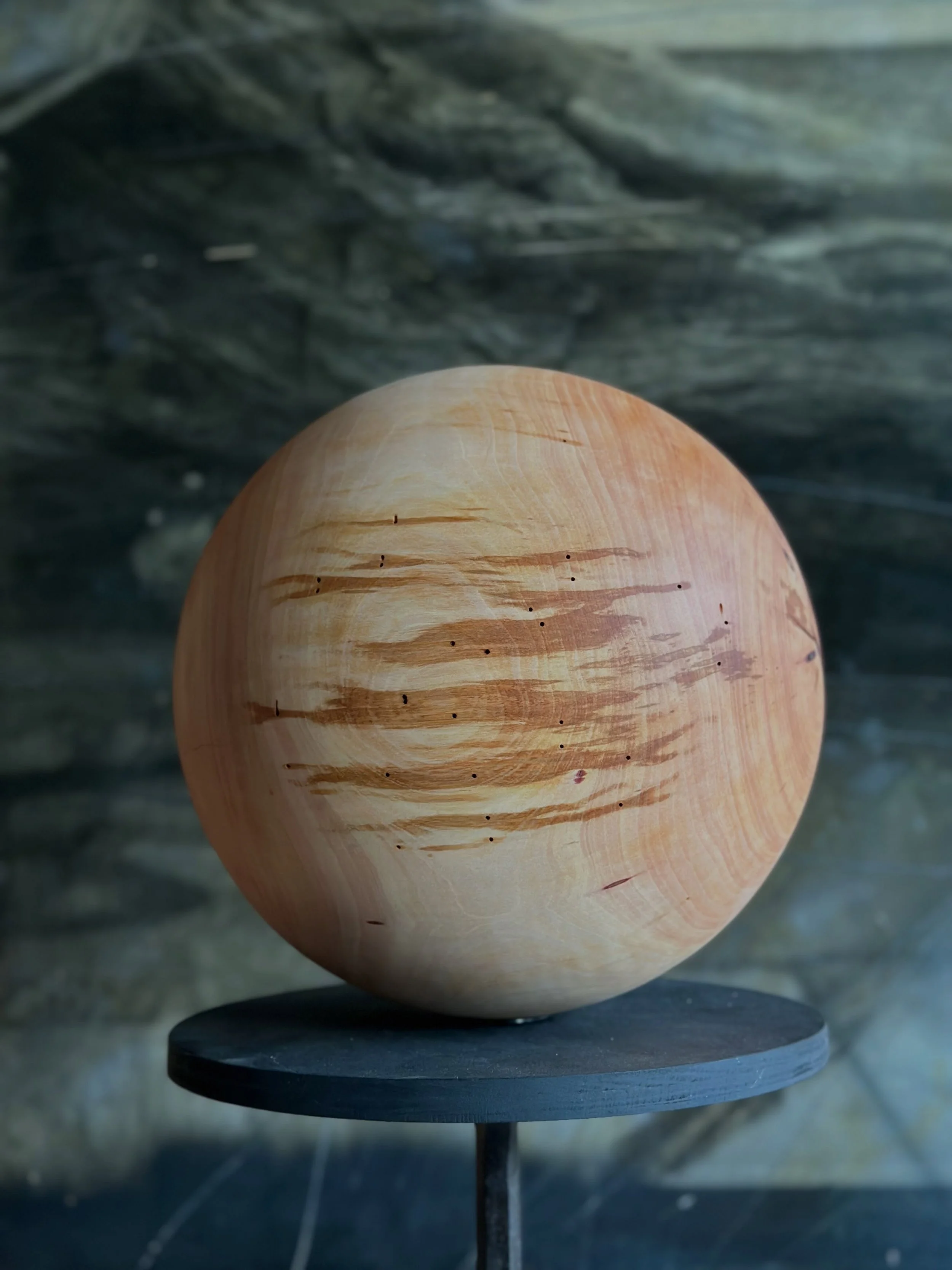 This is a Freshie!  A freshly shaped orb from a freshly fallen Orcas Island Madrona tree.  This is green turned and will be changing shape as it dries throughout the exhibition&mdash; 
Title: Medicine Ball
now through August 22
@iolairarts 

#lauraye