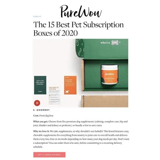 @trygoodboy features on @purewow as one of their &ldquo;best pet subscription boxes&rdquo; 🙌🏻🙌🏻. Check it out! Story now live! 🐶
.
.
.
.
.
.
.
.
.
.
#pure #wow #purewow #petsupplements #pet #supplements #supplement #dog #doglife #life #doggy #do