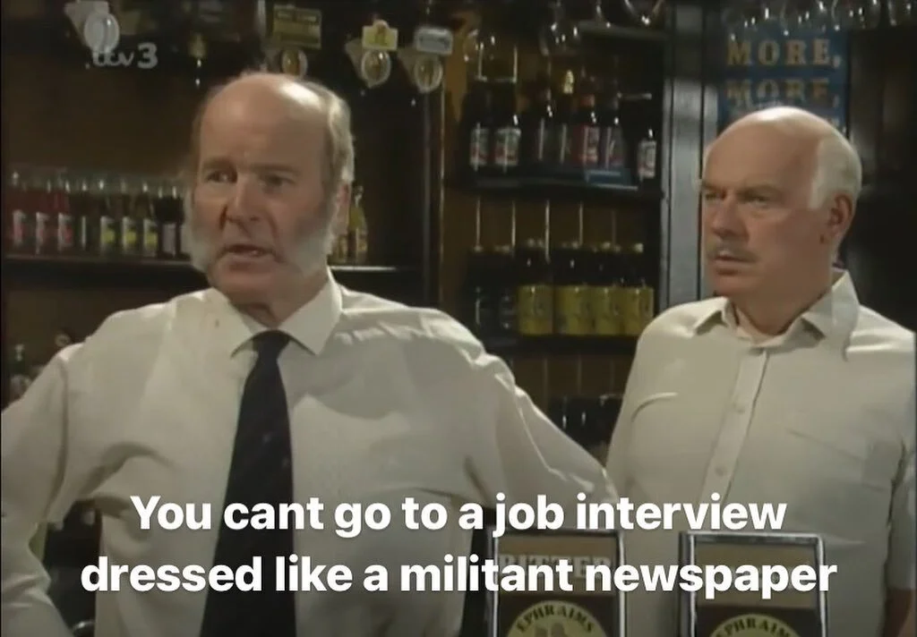 You cant go to a job interview dressed like a militant newspaper
#emmerdale 
[ID Amos is stood behind the bar of The Woolpack with Mr Wilks stood behind him, he’s saying this to Archie who is standing at the bar next to Alan Turner who is loo