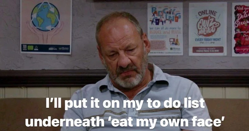 I’ll put it on my to do list underneath ‘eat my own face’
#emmerdale 
[ID Jimmy is sitting in the cage looking sorry for himself. Jimmy is a middle aged man with a short beard and a receding hairline. He’s a big man but not