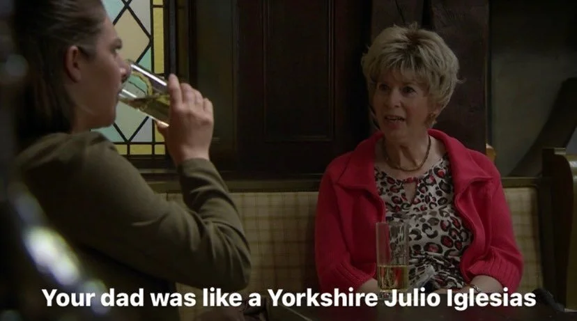 Your dad was like a Yorkshire Julio Iglesias
#emmerdale 
[ID Diane is speaking to Victoria in The Woolpack. Diane has short blonde hair with dark roots, and is wearing a red cardigan over a leopard print top. She looks reasonably serious in what sh
