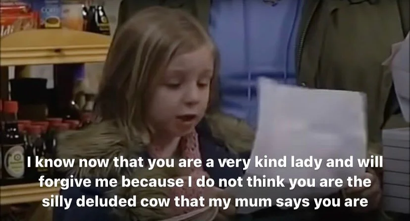 I know now that you are a very kind lady and will forgive me because I do not think you are the silly deluded cow that my mum says you are
#emmerdale
[ID a young Belle Dingle reads a letter to Viv Windsor in the village shop. You can only see Belle