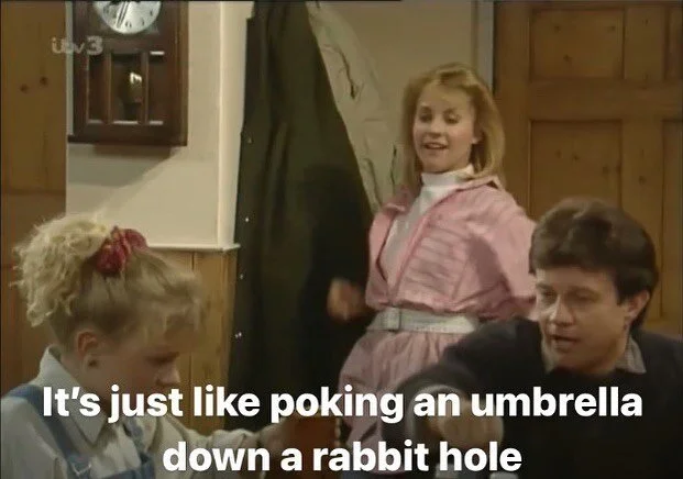 It’s just like poking an umbrella down a rabbit hole
#emmerdale 
[ID Kathy is walking into the farmhouse at Emmerdale Farm and she’s saying this to Rachel and Joe. I often use these image descriptions to offer a little more context but