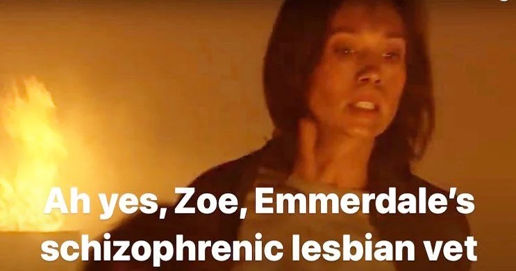 Ah yes, Zoe, Emmerdale’s schizophrenic lesbian vet
#Emmerdale #PrideMonth
[ID Zoe is looking rather stressed and unkempt, with a fire (that I presume she lit) going on behind her. It isn’t like a cosy fireplace type fire, it’s an