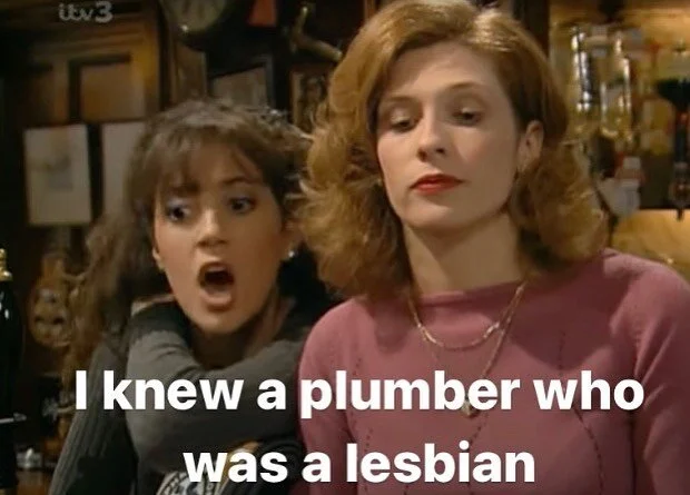I knew a plumber who was a lesbian
#Emmerdale 
[ID Tricia and Bernice are behind the bar at The Woolpack. Tricia looks rather excited about what she’s saying but Bernice looks like she isn’t listening. They’re both reasonably youn