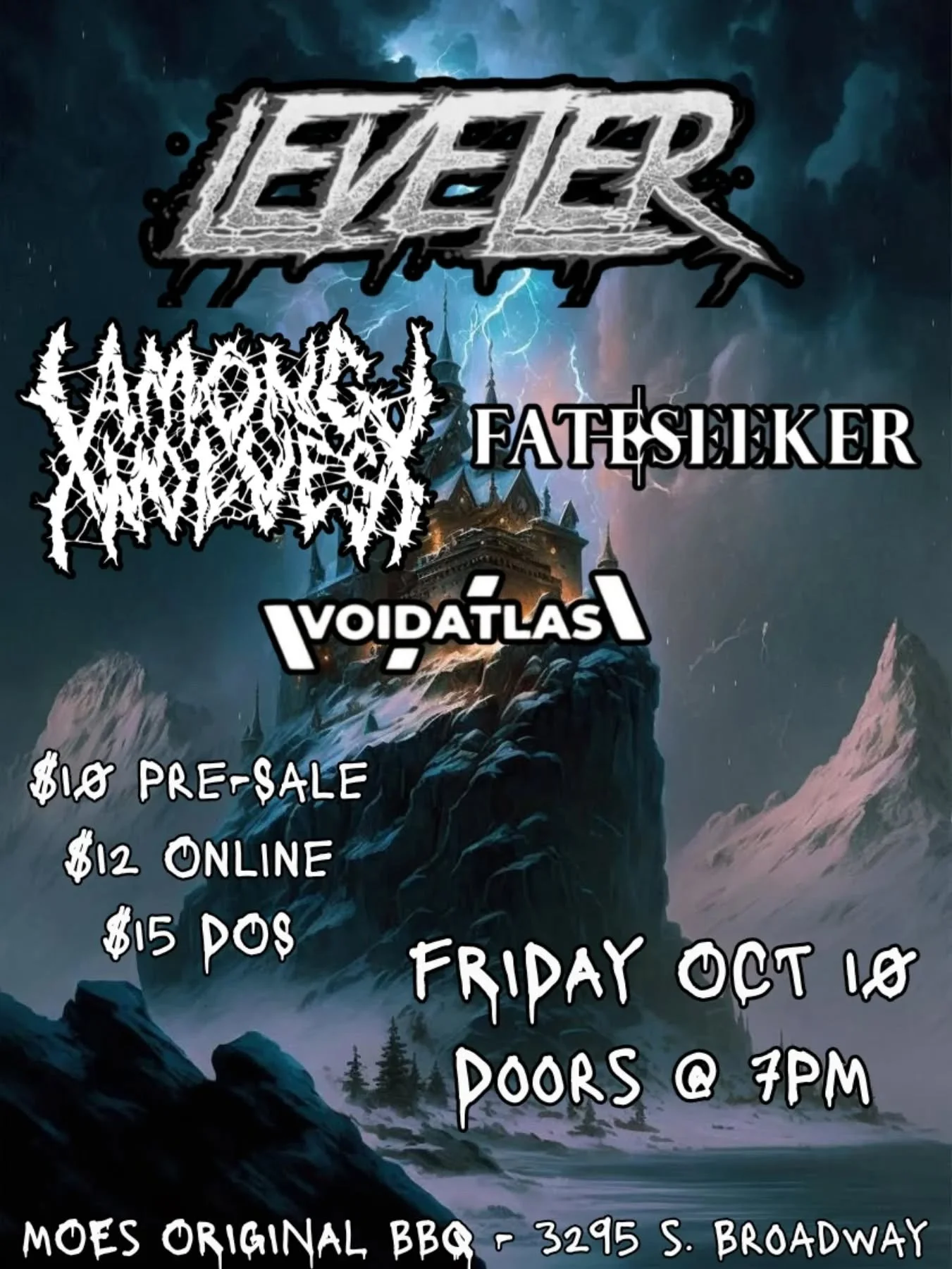 NEXT UP: We're back at Moe's Englewood with our friends in @fateseekerband, joining @amongwolves_official and the mighty @levelerbandofficial! Don't miss this one!

#metalshows #denvermetal #voidatlas #fateseeker #amongwolves #leveler