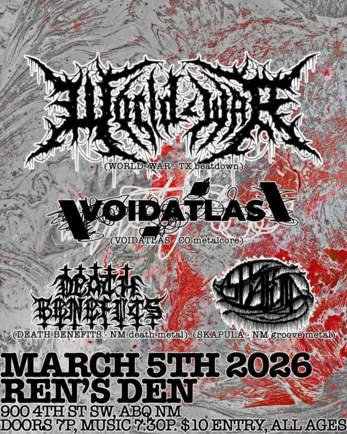 Aaand first show of 2026 coming up! Also our first show in ABQ! (And first show outside of CO!)

We're the only band without a XxBRUTALxX logo so I had to improvise on the flyer, hope you like it.

Stoked to have @worldwartx holding our hand on this 