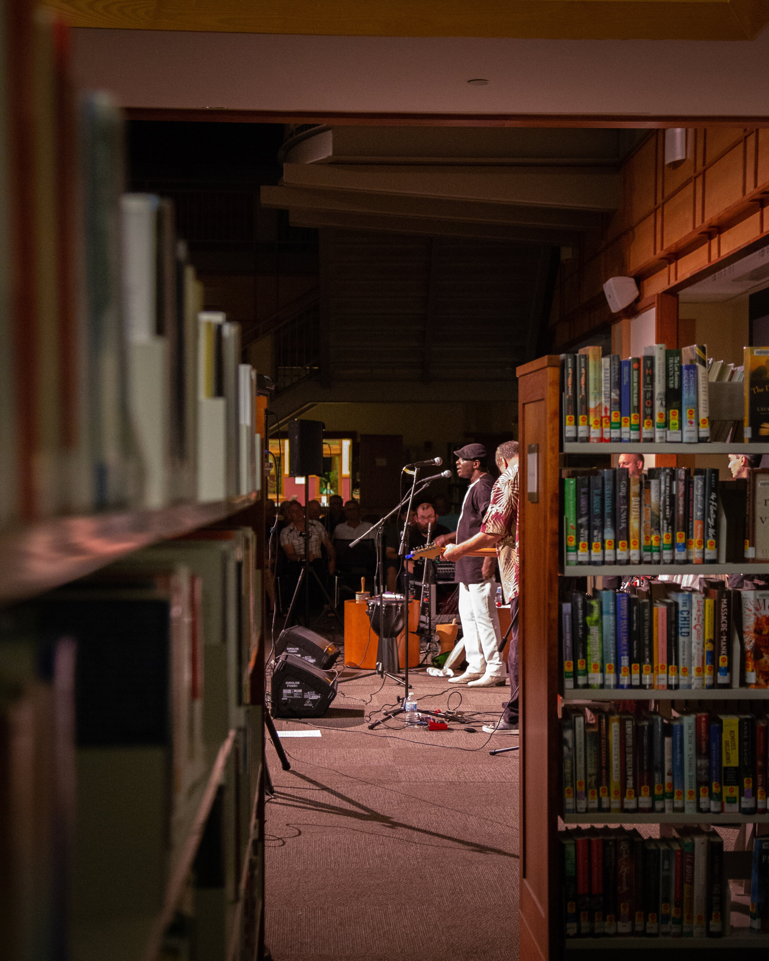  Photograph of musicians singing and playing instruments, taken through the library book stacks 