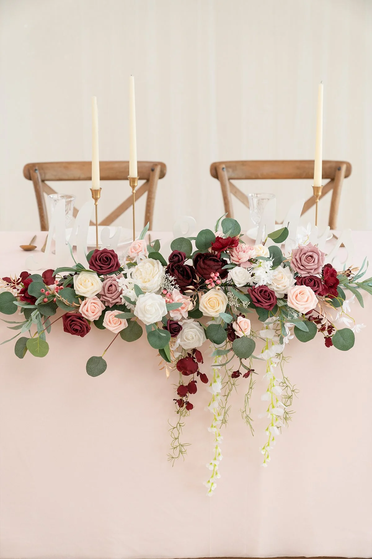 Flower Swag and Tablecloth for Sweetheart Table - Burgundy.jpg