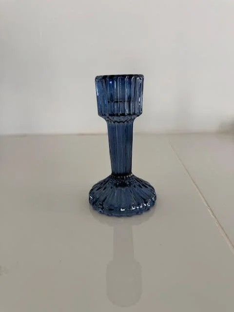 blue ribbed candle holder 4 inch