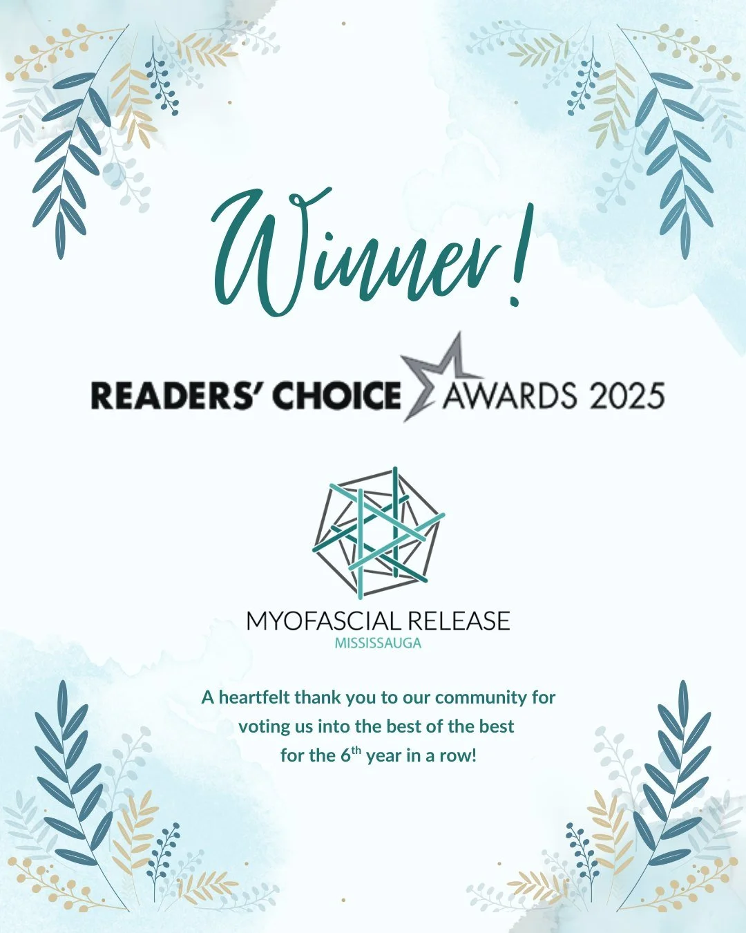 What an honour to be here for the 6th year in a row Mississauga!
Winner in 14 categories including best Physio Clinic, best Massage Therapy, best Osteopathic clinic, best Acupuncture and best Holistic Healing ❤️