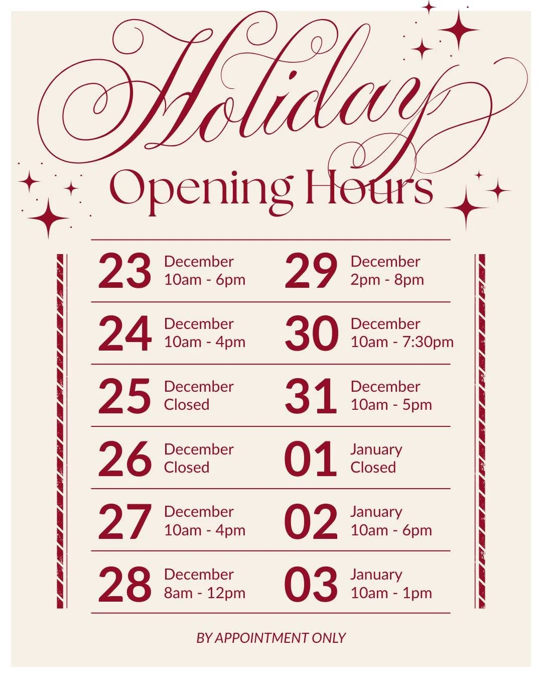 We have a few openings left:
Dec. 23 - Reiki
Dec. 24 - Acupuncture &amp; MFR (RMT)
Dec. 27 - Reiki &amp; MFR (RMT)
Dec. 28 - Acupuncture
Dec. 30 - Reiki
Dec. 31 - Acupuncture &amp;  MFR (RMT)
Jan 2 - Reiki &amp; MFR (PT)
Jan 3 - MFR (RMT)

Book Onlin