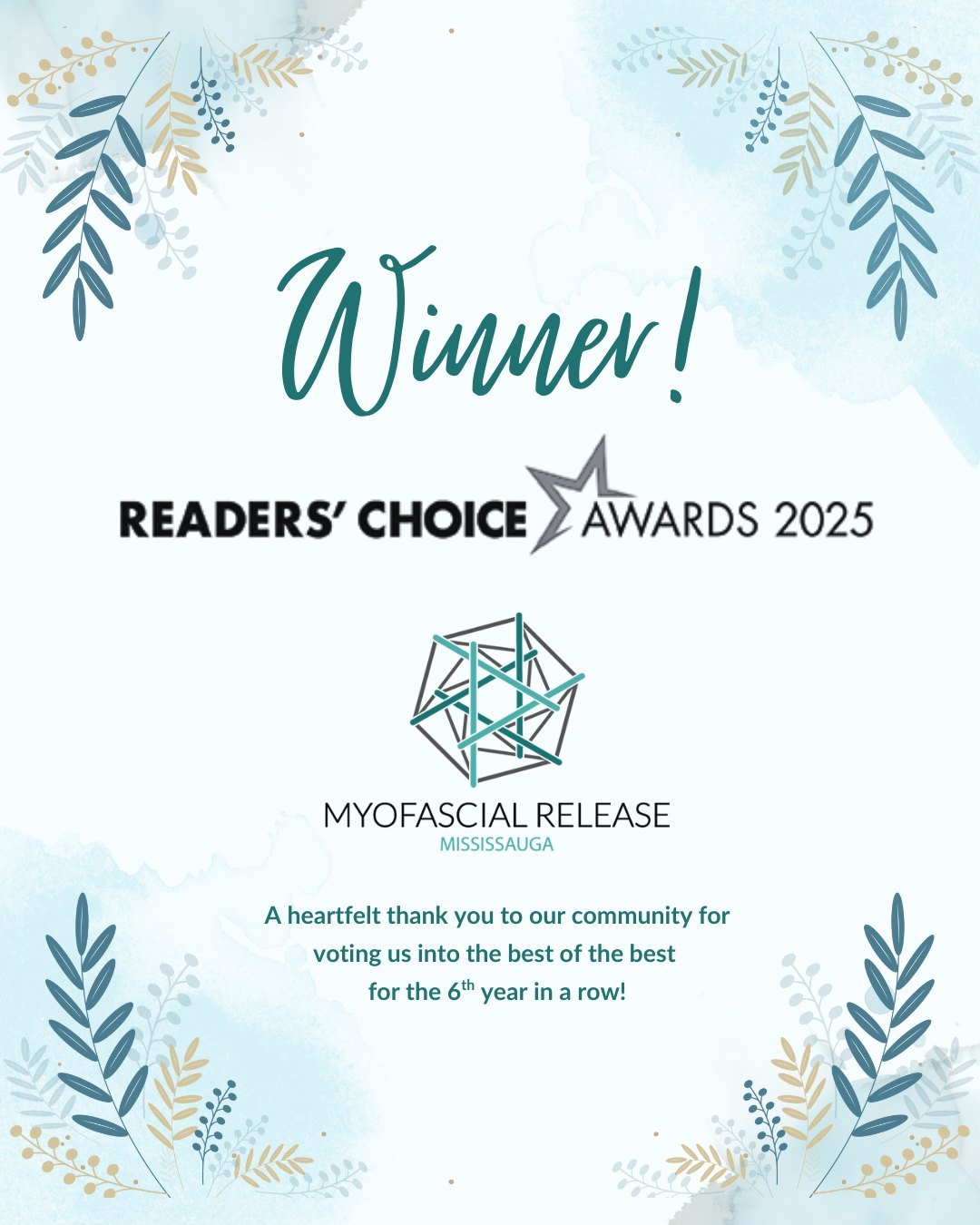 What an honour to be here for the 6th year in a row Mississauga!
Winner in 14 categories including best Physio Clinic, best Massage Therapy, best Osteopathic clinic, best Acupuncture and best Holistic Healing