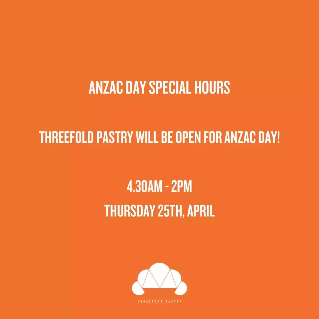 Wake up to warm pastries this ANZAC Day!⁣
⁣
Threefold Pastry will be open from  4.30am- 2pm, ANZAC Day Thursday 25th April.⁣
⁣
⁣
⁣
#threefoldpastry #parramattasquare #sydneybakery #sydneyeats #anzacday