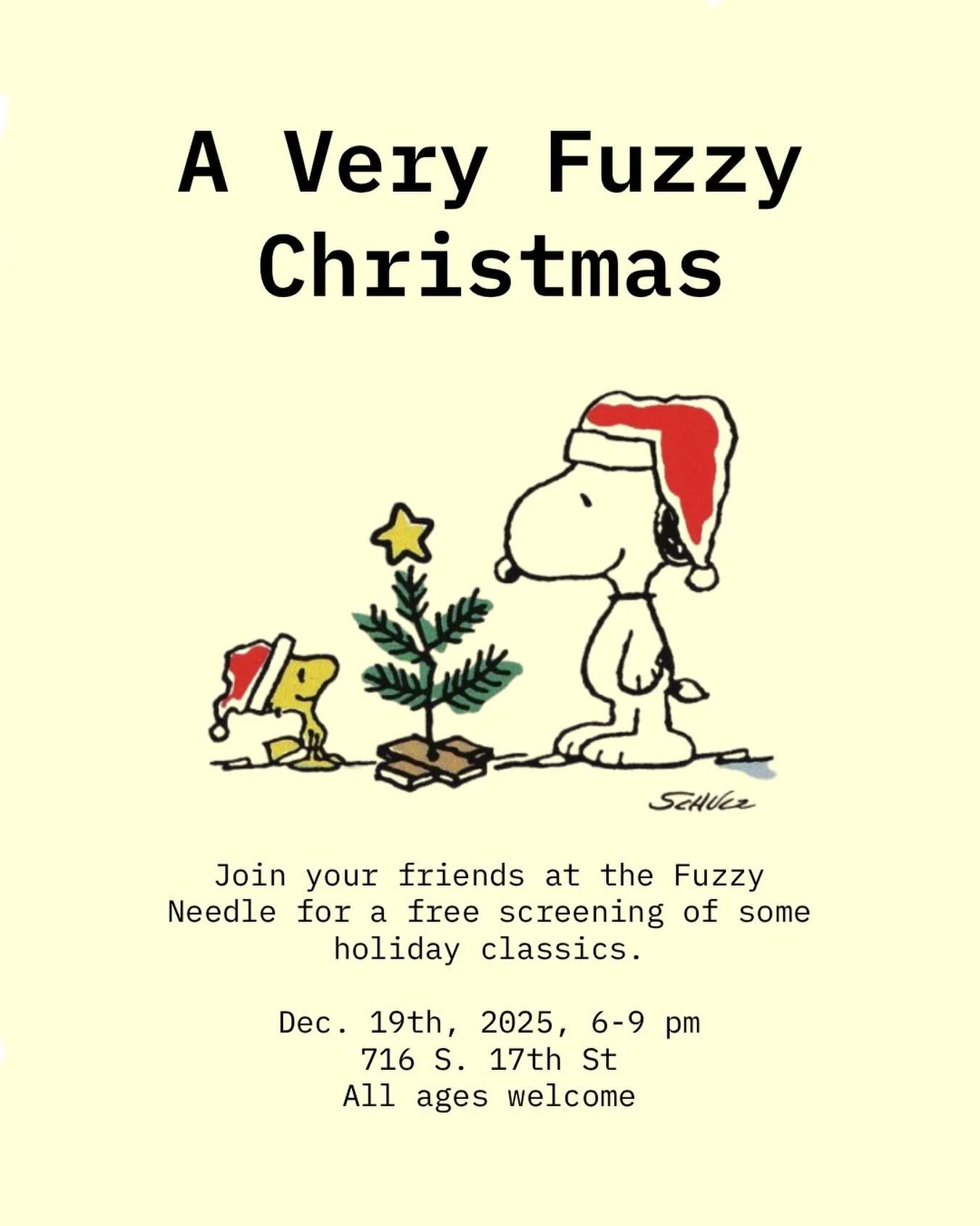 We&rsquo;re dusting off our staff&rsquo;s favorite Christmas VHS tapes and playing them on the big screen. Holiday snacks will be provided&mdash;feel free to bring your own treats and beverages of choice.
See you soon, friends. 🎄📼