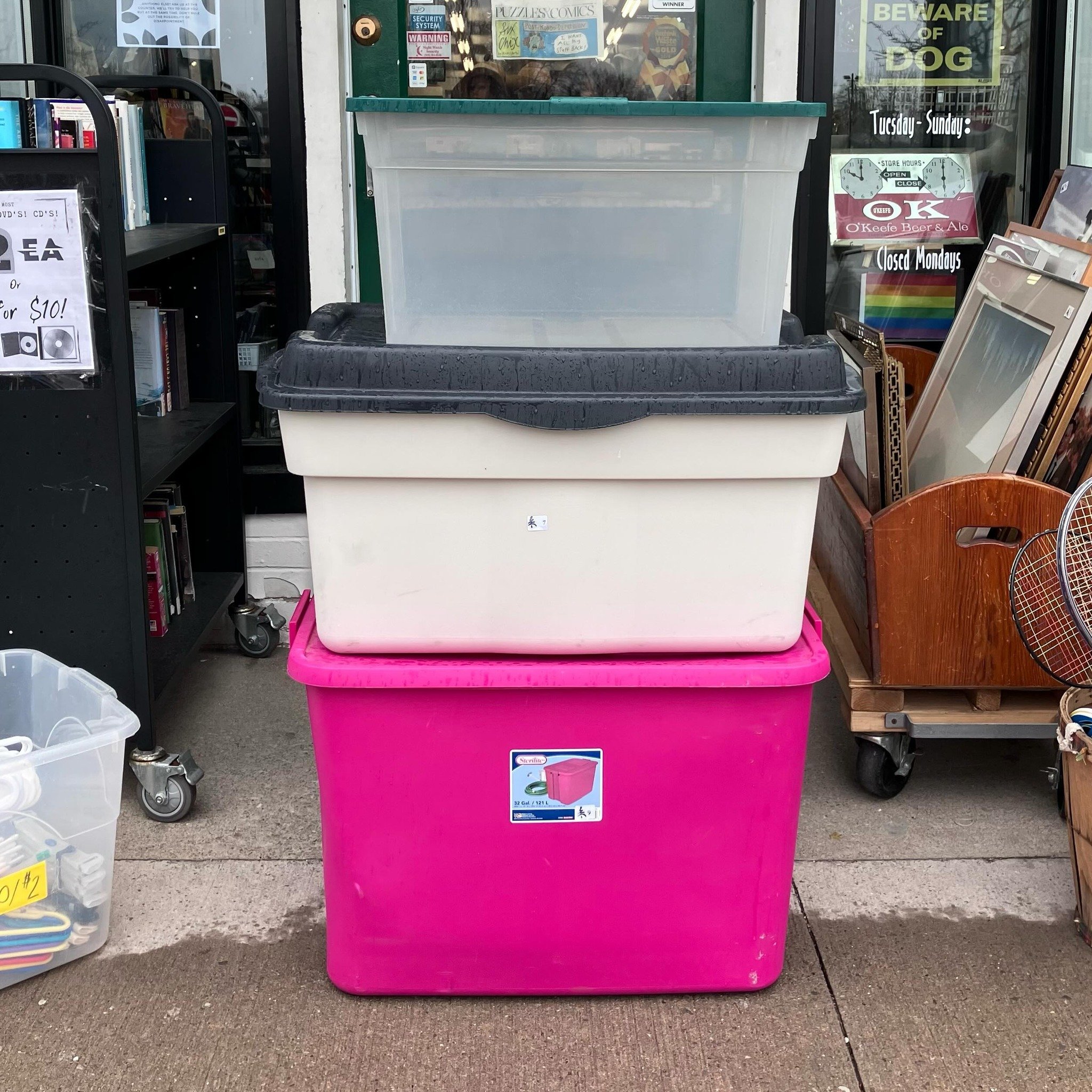 A rainy day is on the docket for today. 

Most of the normal stuff we put outside the shop stays in on days like this. But it does create an opportunity for us to put out the plethora of tote bins we currently have.

Pink - $9 
Beige - $7
Clear - $5
