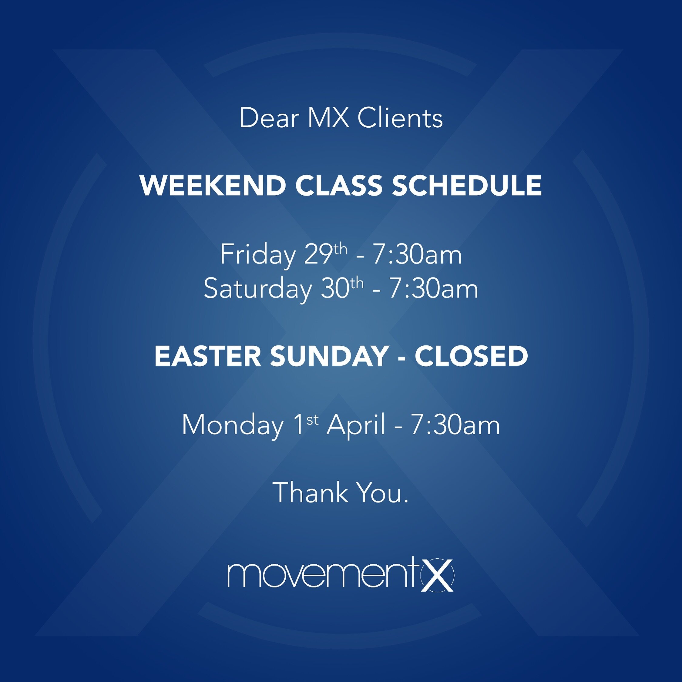 UPDATE: MX Clients, please take note of our class schedule for this weekend.

We hope you all have a wonderful Easter break! 🐰

#movementxbedfordview #classschedule #easterweekend