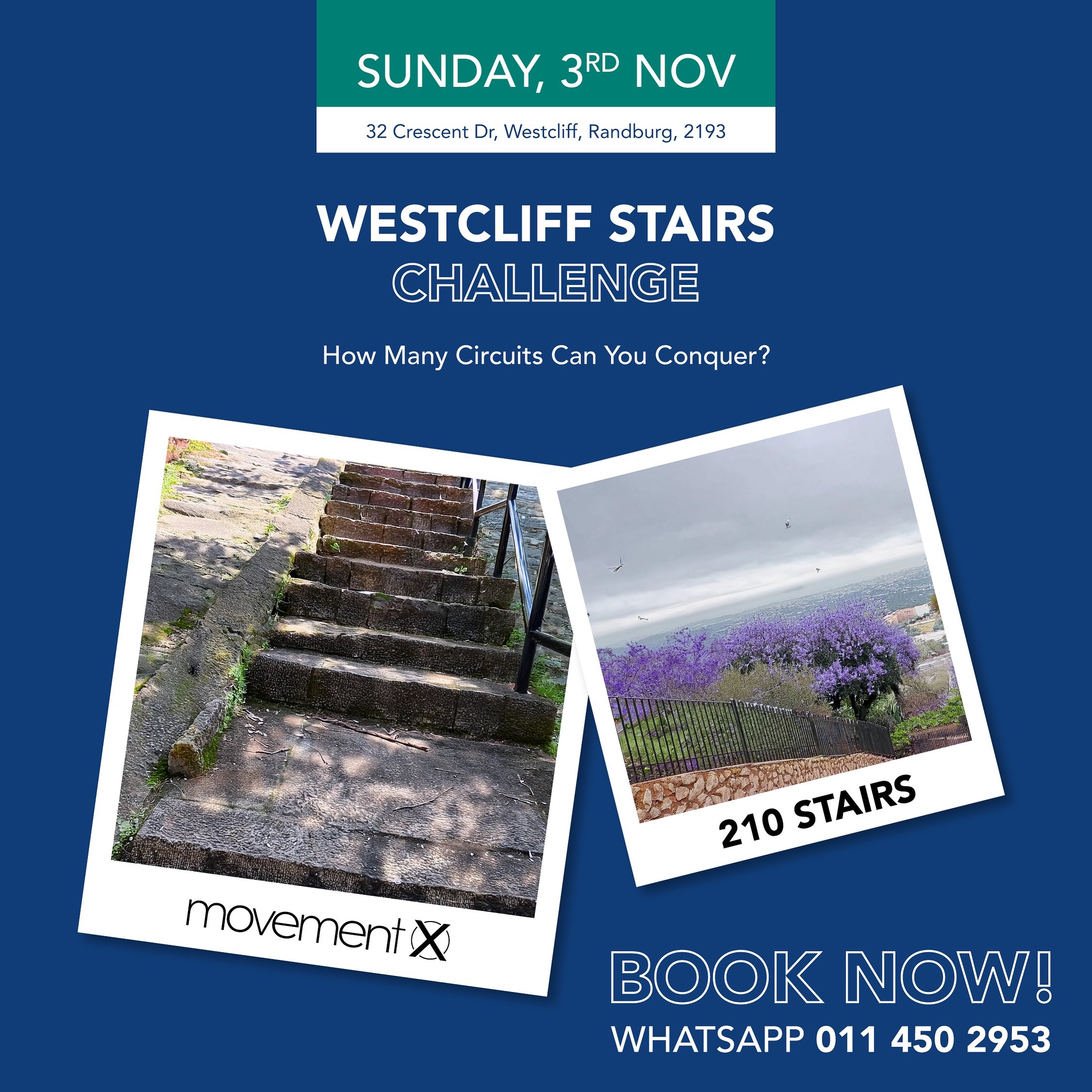 Ready to test your limits? 🏋️&zwj;♂️
Join us for the Westcliff Stairs Challenge on Sunday, 3 November! 🔥210 stairs&mdash;how many rounds can you complete? 🏃&zwj;♀️ 

Meet us at 32 Crescent Dr, Westcliff, Randburg at 7.30am SHARP. No transport is p
