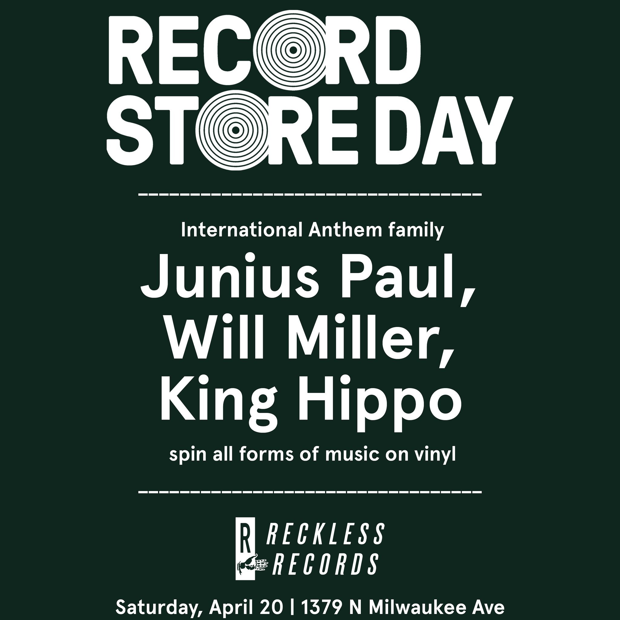 If you&rsquo;re out and about this Record Store Day - that&rsquo;s this Saturday, April 20th - stop by @recklessrecords in Wicker Park and say hi to our brothers @juniuspaulmusic , @will.miller and @hippohq ! They&rsquo;ll be spinning from 1pm-3:30pm