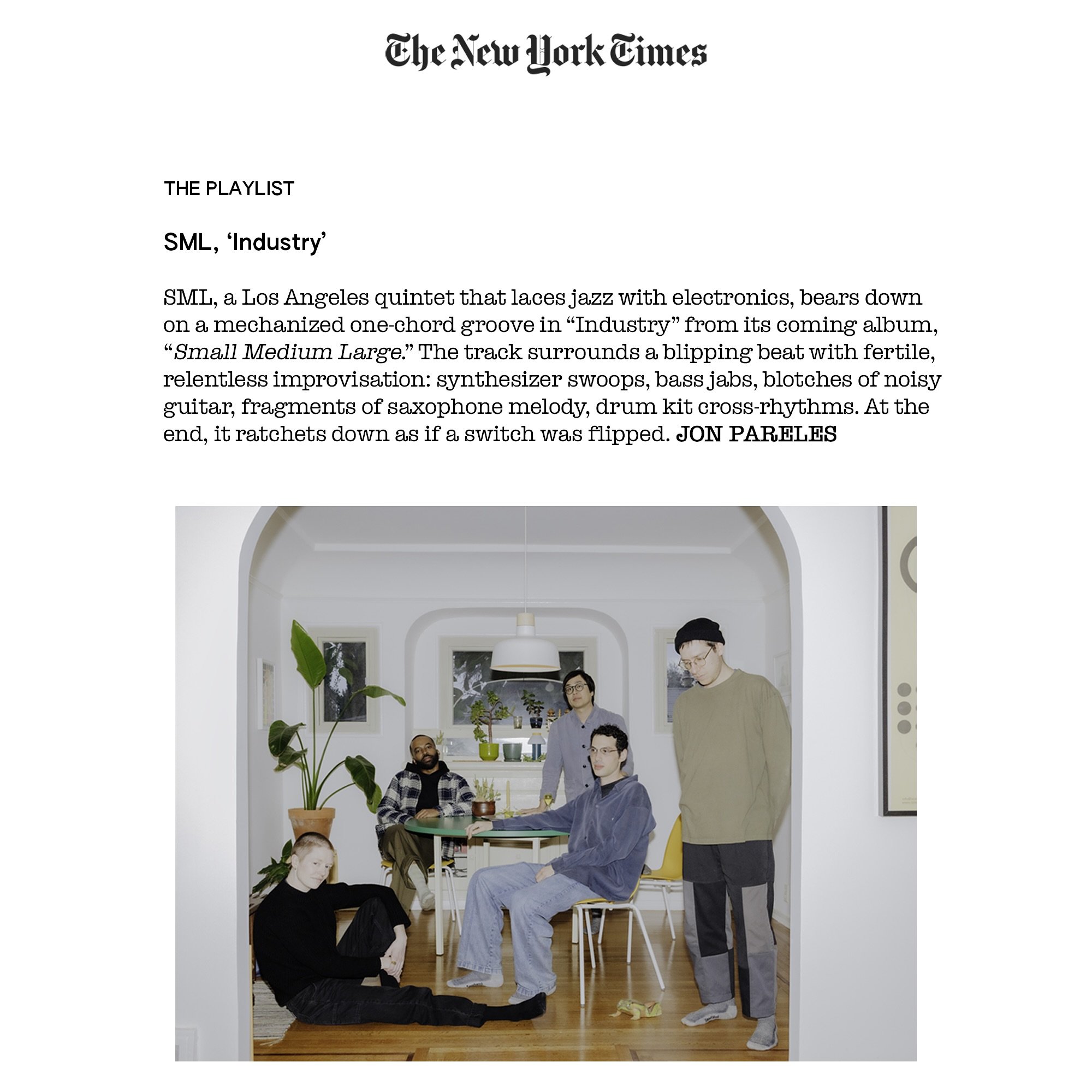 𝗦𝗠𝗟&rsquo;s &lsquo;𝑰𝒏𝒅𝒖𝒔𝒕𝒓𝒚&rsquo; is included on The @nytimes &rsquo; 𝗧𝗵𝗲 𝗣𝗹𝗮𝘆𝗹𝗶𝘀𝘁 today. Listen to it via the link in our bio 🔊