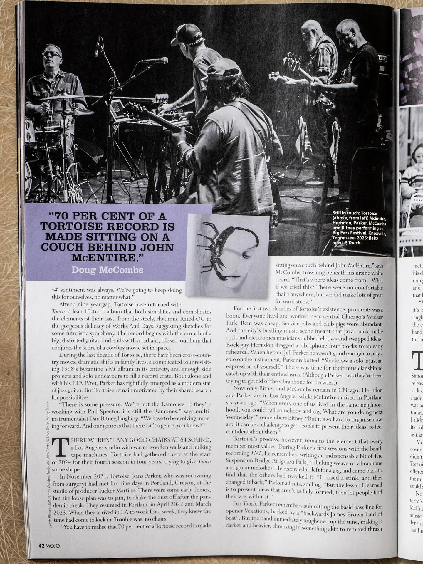 Tortoise (@trts) featured in the latest issue of Mojo Magazine (@mojo4music) in this in-depth article by Grayson Haver Currin (@currincy). The piece features a photo from our friend @jacobblick who covered the band&rsquo;s 2024 @BigEarsFestival appea