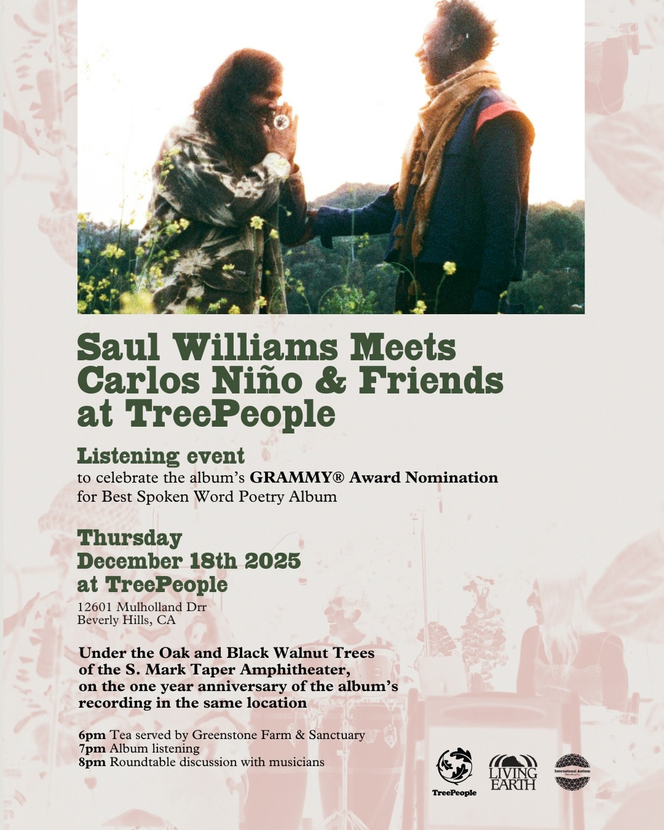 @saulwilliams 𝐦𝐞𝐞𝐭𝐬 𝐂𝐚𝐫𝐥𝐨𝐬 𝐍𝐢&ntilde;𝐨 &amp; 𝐅𝐫𝐢𝐞𝐧𝐝𝐬 𝐚𝐭 𝐓𝐫𝐞𝐞𝐏𝐞𝐨𝐩𝐥𝐞 has been nominated for a 𝟮𝟬𝟮𝟲 𝗚𝗥𝗔𝗠𝗠𝗬 𝗔𝘄𝗮𝗿𝗱 𝗳𝗼𝗿 𝗕𝗲𝘀𝘁 𝗦𝗽𝗼𝗸𝗲𝗻 𝗪𝗼𝗿𝗱 𝗣𝗼𝗲𝘁𝗿𝘆 𝗔𝗹𝗯𝘂𝗺.

To celebrate and commemorate