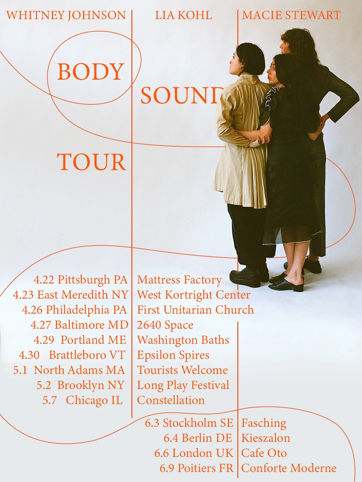 𝐁𝐎𝐃𝐘 𝐒𝐎𝐔𝐍𝐃 coming to your town.

April 22 - Pittsburgh PA - Mattress Factory
April 23 - East Meredith NY - West Kortright Center
April 26 - Philadelphia PA - First Unitarian Church
April 27 - Baltimore MD - 2640 Space
April 29 - Portland ME 