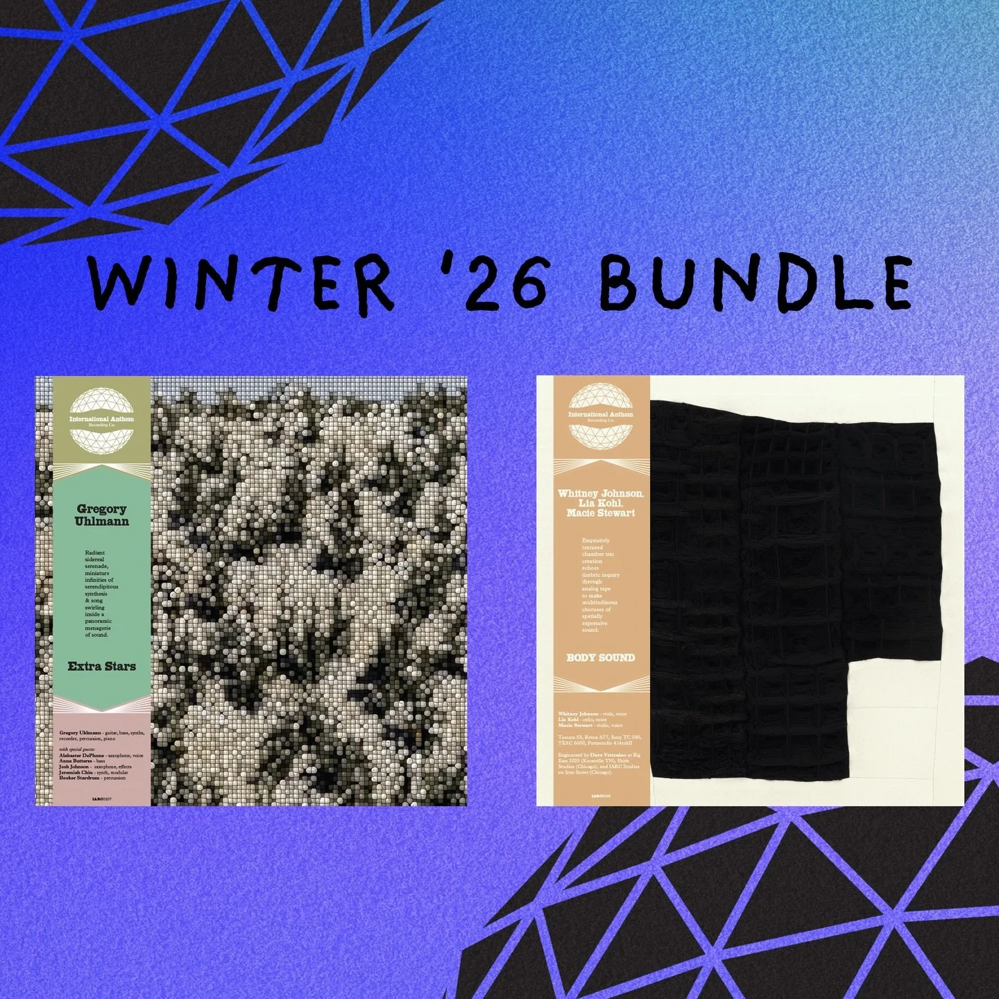 Get your 𝗪𝗶𝗻𝘁𝗲𝗿 &lsquo;𝟮𝟲 𝗕𝘂𝗻𝗱𝗹𝗲 TODAY.. aka @bandcamp Friday !! Bundles include both new releases at a reduced price on either Limited Edition Color or Classic Black Vinyl.

The Winter &lsquo;26 Bundle is:
IARC0107 𝐆𝐫𝐞𝐠𝐨𝐫𝐲 𝐔𝐡?