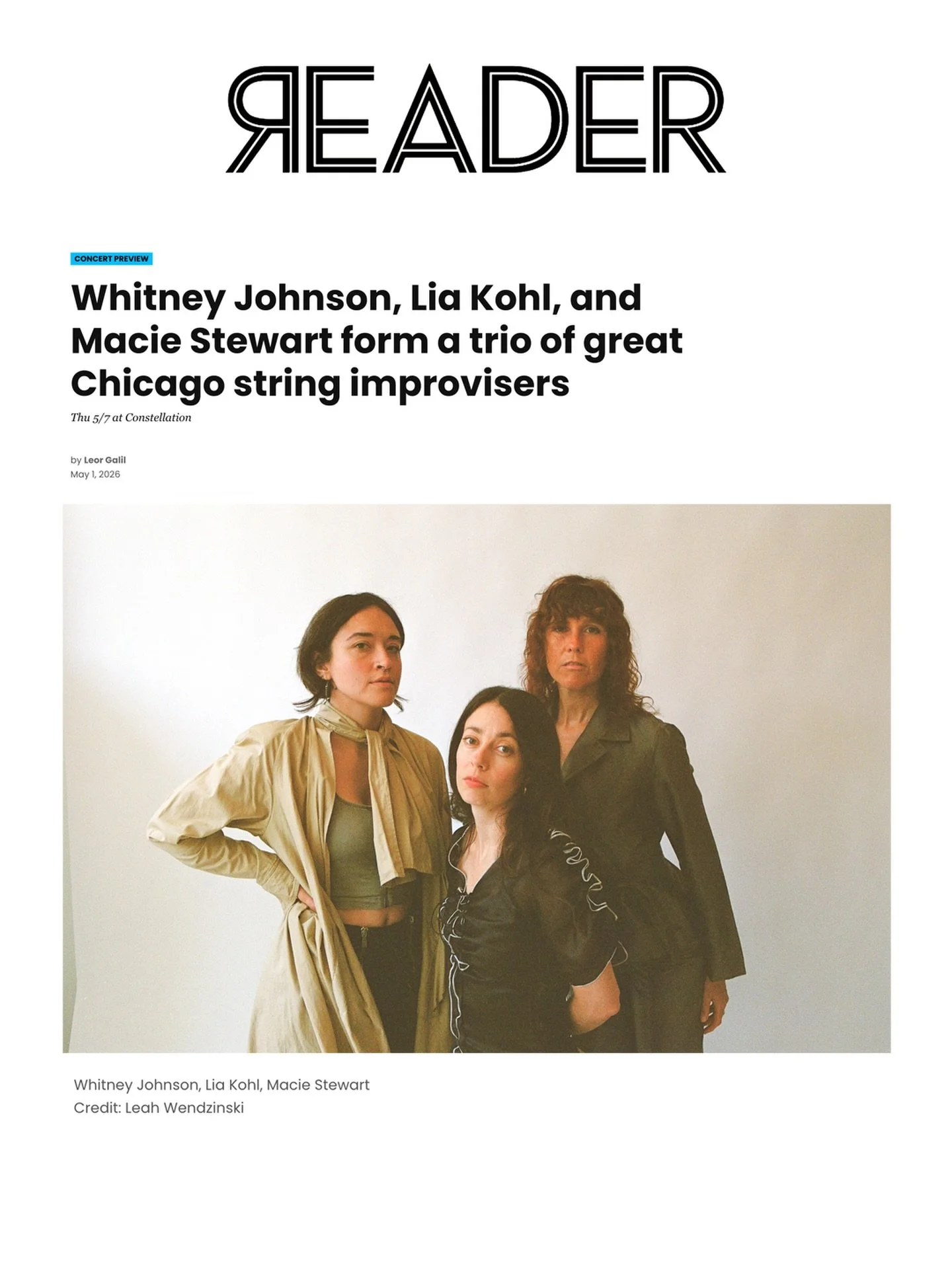 @therealimleor previews tonight&rsquo;s SOLD OUT @matchesse , @liairenekohl , @maciestewart show at @constellationchicago for the @chicago_reader saying: &ldquo;...sometimes tranquil, sometimes quietly turbulent, and always beautiful.&rdquo;

Link to