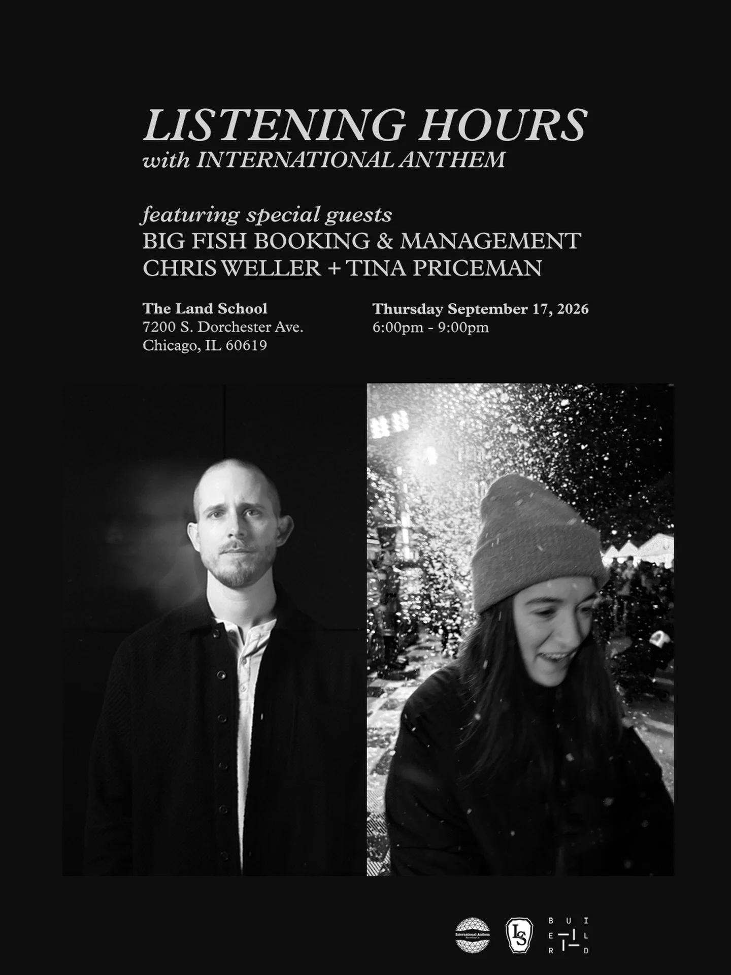 This Thursday September 17, 6-9pm at The Land School, Chicago&hellip;

For this month&lsquo;s edition of 𝗟𝗶𝘀𝘁𝗲𝗻𝗶𝗻𝗴 𝗛𝗼𝘂𝗿𝘀 hosted by International Anthem in 𝗔 𝗟𝗶𝘀𝘁𝗲𝗻𝗶𝗻𝗴 𝗦𝗽𝗮𝗰𝗲 at 𝗧𝗵𝗲 𝗟𝗮𝗻𝗱 𝗦𝗰𝗵𝗼𝗼𝗹, we are pleased 