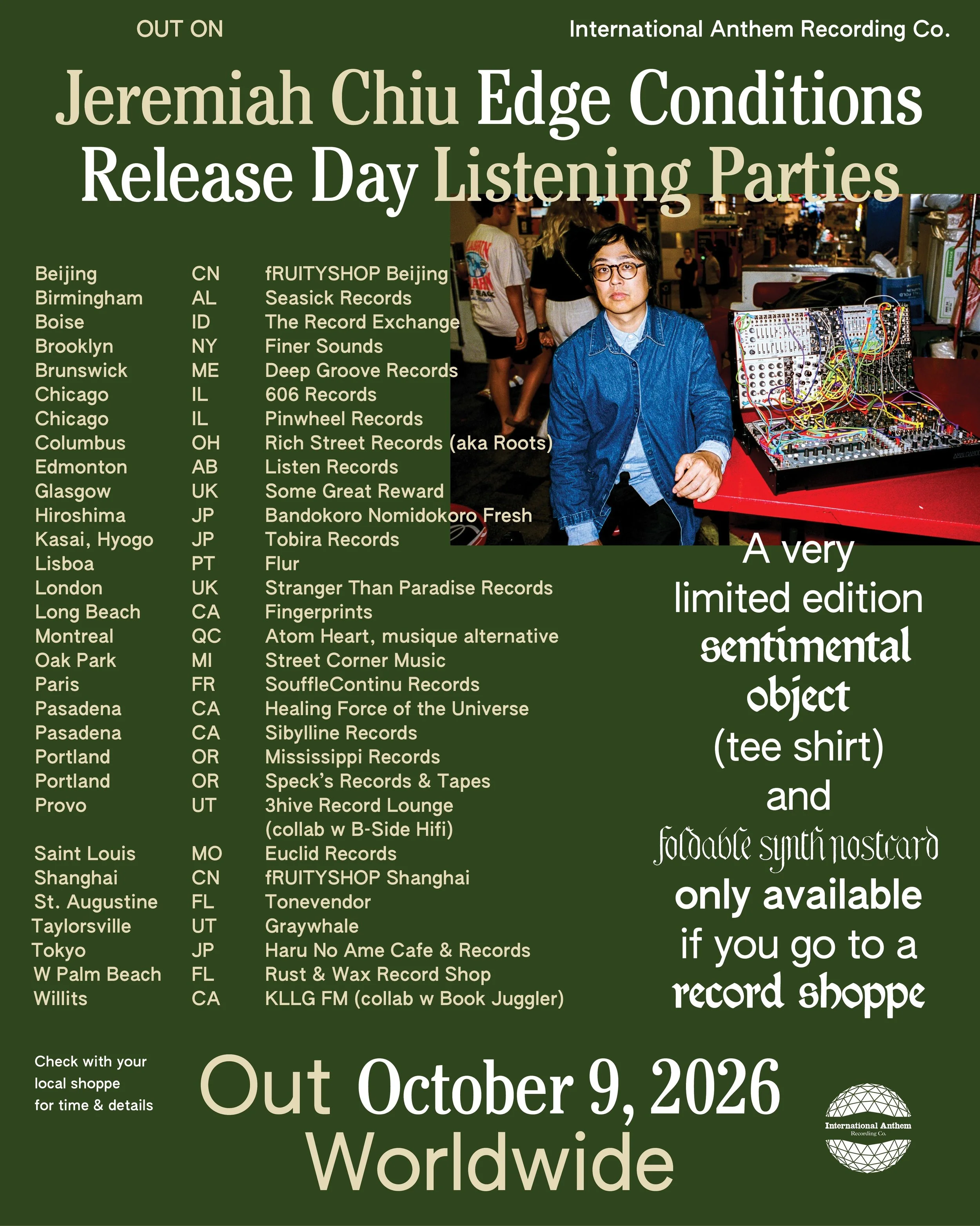 Please join us at record shops around the world on October 9, 2026, to celebrate the release of @JeremiahChiu&rsquo;s 
Edge Conditions. Participating shops across the globe (30 different locations!!) will be spinning the full album and will also have